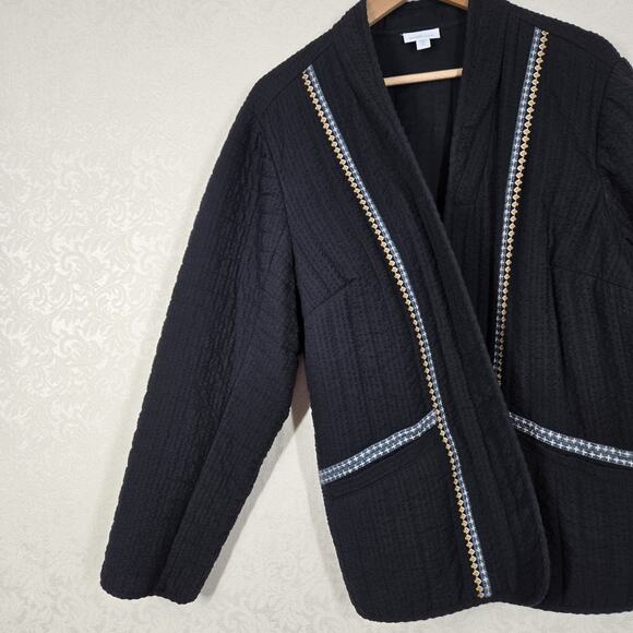 J Jill Pure Jill Seersucker Jacket Blazer XL TALL Black Open Front Embroidered - Picture 7 of 16